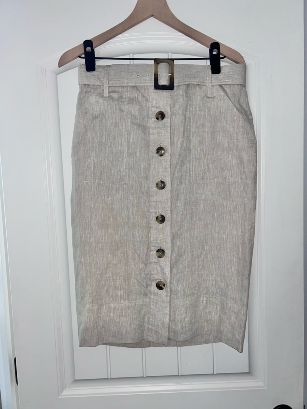 Linen Button Belted Pencil Skirt